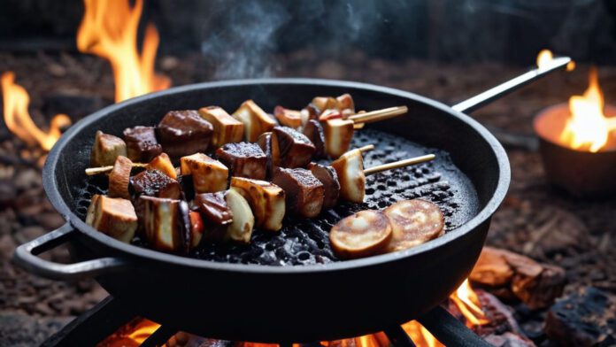The Essence Of Outdoor Culinary Adventures With A Captivating Image Showcasing A Crackling Campfire, Surrounded By Rustic Cooking Utensils, Sizzling Skewers Of Marinated Kebabs, Bubbling Cast-Iron Pots, And Golden-Brown S'Mores On Skewers.