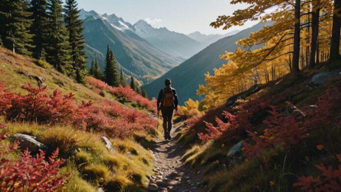 An Image Showing A Panoramic View Of A Lush Mountain Trail, With A Hiker Surrounded By Vibrant Autumn Foliage. The Hiker'S Fit Silhouette Is Highlighted, Showcasing The Surprising Number Of Calories Burned During Hiking