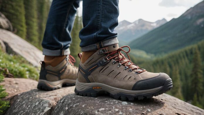 An Image Showcasing A Person'S Feet In A Pair Of Perfectly Fitting Hiking Shoes, Highlighting Essential Details Like Snug Heel Grip, Ample Toe Room, Ideal Arch Support, Secure Lacing, And A Comfortable Cushioned Sole