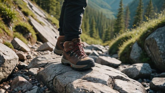 An Image Showcasing A Hiker'S Feet Clad In Sturdy, Waterproof Boots, Standing On A Rugged Trail With Rocky Terrain. The Boots Should Exude Durability, With Deep Lug Soles And Ankle Support, Emphasizing The Importance Of Choosing The Right Hiking Boots