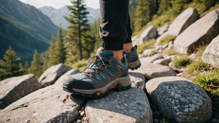 An Image Of A Hiker Tackling A Rocky Trail, Showcasing Their Sturdy Hiking Shoes With A Durable Outsole For Traction, Supportive Ankle Collar, Breathable Mesh Upper, And A Lightweight Design