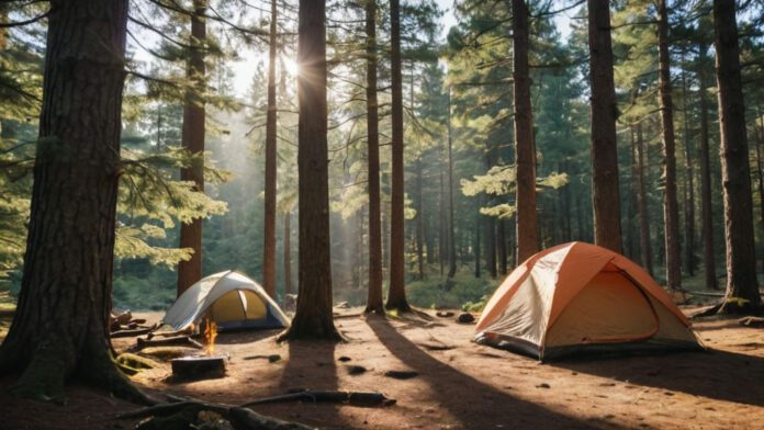 An Image Showcasing A Picturesque Forest With A Tent Nestled Beneath Towering Pine Trees. Sunlight Filters Through The Foliage, Illuminating A Nearby Stream Where A Campfire Crackles, Inviting Readers To Explore The 7 Proven Ways To Find Free Camping