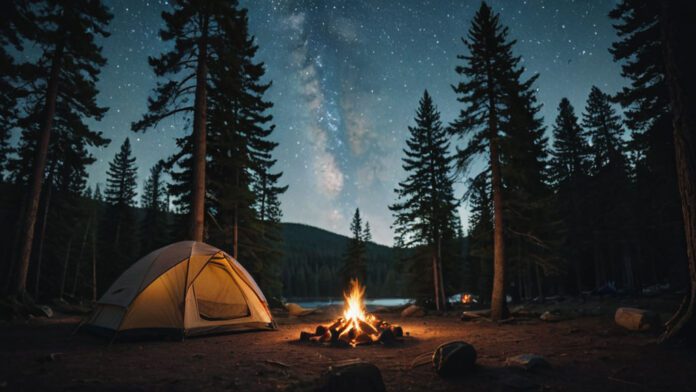 How To Go Camping An Image Showcasing A Serene Campsite Surrounded By Towering Pine Trees, A Crackling Campfire In The Foreground, A Cozy Tent Nestled Under Starry Skies, And A Backpack Filled With Camping Essentials Waiting To Be Explored