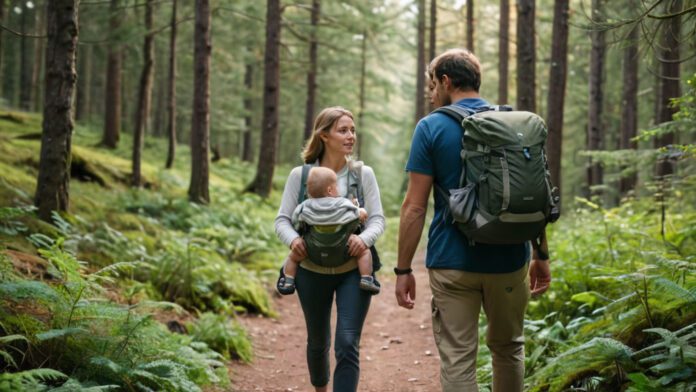 An Image Depicting A Serene Forest Trail With A Family Of Three, Showcasing A Confident Parent Carrying A Content Baby In A Secure Hiking Carrier, Surrounded By Essential Hiking Gear And A Picturesque Landscape