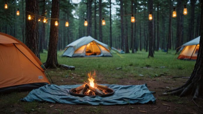 An Image Showcasing A Serene Campsite At Dusk, With A Cozy Tent Surrounded By A Protective Ring Of Citronella Candles. Show Bug-Repelling Techniques Such As Mesh Screens, Insect Repellent, And A Mosquito Net Draped Over A Sleeping Bag
