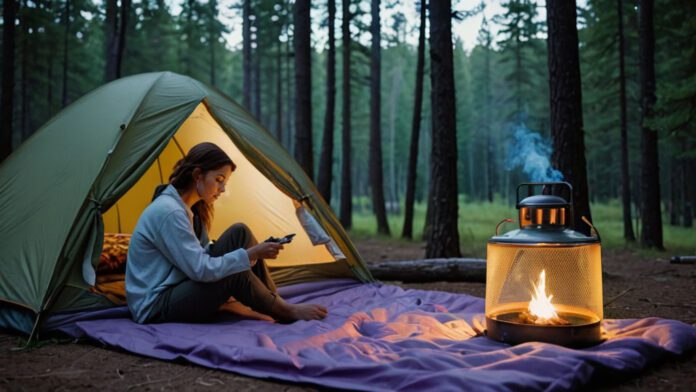 An Image Showing A Camping Scene With A Mesh Tent Surrounded By Citronella Candles, A Mosquito Net Draped Over A Sleeping Bag, A Person Wearing Long Sleeves And Pants, A Fan Blowing, And A Pot Of Lavender Oil