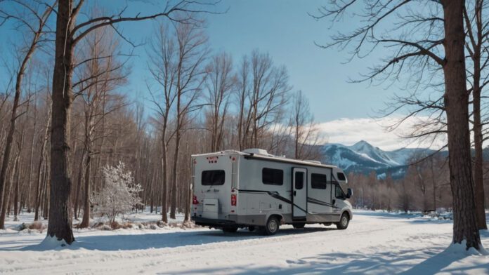 An Image Showcasing A Well-Insulated Rv With A Heated Water Hose Attached, Surrounded By A Picturesque Winter Landscape. Include Clear Blue Skies, Snow-Dusted Trees, And A Cozy Campfire Nearby