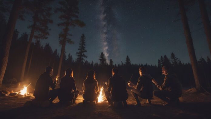 An Image Showcasing A Group Of Friends Gathered Around A Crackling Campfire, Toasting Marshmallows On Long Sticks, With Smiles On Their Faces. The Starry Night Sky And The Silhouette Of Towering Pine Trees Complete The Serene Camping Scene