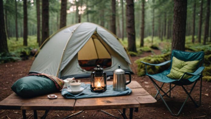 An Image Showcasing A Cozy Tent Nestled Amidst A Picturesque Forest, With A Plush Sleeping Bag, Padded Camping Chair, Warm Lantern, And A Steaming Cup Of Coffee On A Foldable Table
