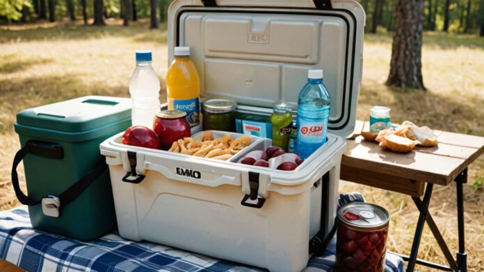 An Image Showcasing A Well-Organized Cooler For Camping. Display A Variety Of Food Items, Neatly Packed, With Ice Surrounding Them. Include Camping Essentials Like Water Bottles, Condiments, And Utensils, Ensuring A Visually Appealing And Practical Display