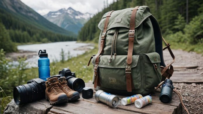An Image Featuring A Weathered Hiking Backpack Filled With Essentials - A Sturdy Pair Of Boots, A Trail Map, A Compass, A Water Bottle, Energy Bars, A First Aid Kit, And A Camera