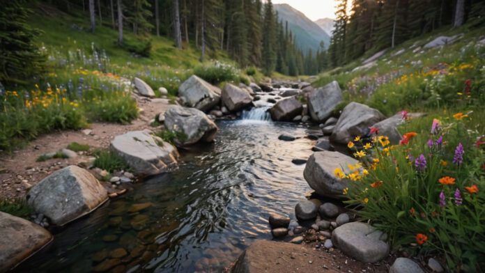 How To Relieve Sore Muscles After Hiking An Image Showcasing A Serene Forest Setting With A Hiker Peacefully Soaking Their Feet In A Cool Mountain Stream, Surrounded By Vibrant Wildflowers, A Cozy Campfire, And A Calming Sunset Backdrop