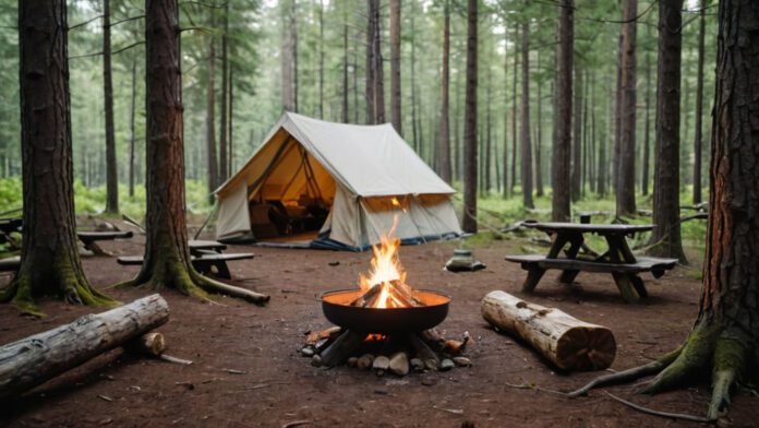 An Image Capturing A Serene Forest Clearing With A Tent Pitched In The Center. Include A Campfire Surrounded By Logs, A Picnic Table With Cooking Utensils, A Hammock Between Trees, And Nearby Hiking Trails
