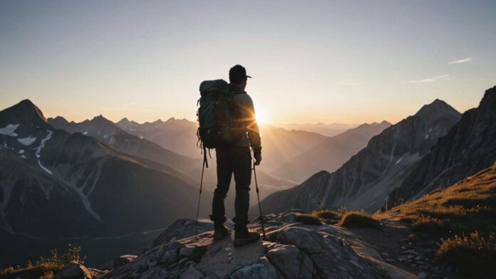 An Image Showcasing A Hiker'S Silhouette Against A Breathtaking Sunrise Over A Mountain Range. The Hiker Stands At The Trailhead, Surrounded By Hiking Essentials Like A Backpack, Hiking Boots, A Map, Water Bottle, And Trekking Poles