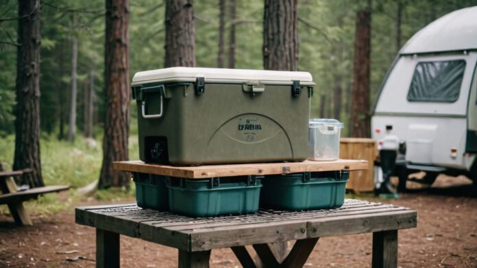 An Image Of A Well-Organized Camping Site, Featuring A Sturdy Bear-Proof Cooler Placed On A Raised Platform. Surrounding It, Neatly Stacked Containers Secure Food Supplies, With Hanging Mesh Bags For Dry Goods, And A Locked Storage Box For Utensils And Cookware