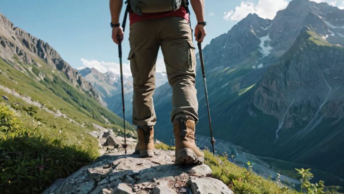 An Image Showcasing A Hiker Standing On A Rugged Mountain Trail, Wearing Sturdy Boots, A Backpack, And Using Trekking Poles. Surround Them With Lush Greenery, Towering Peaks, And A Clear Blue Sky To Capture The Essence Of Hiking Preparation And Adventure