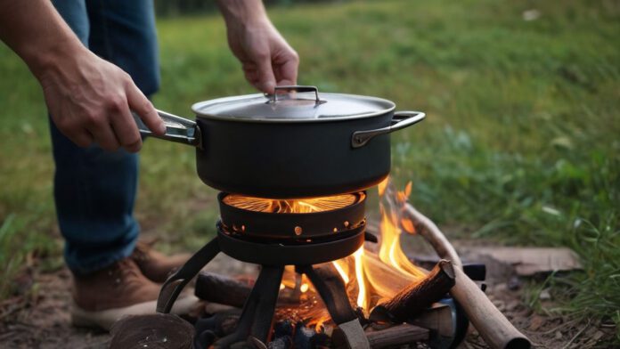 An Image Capturing The Process Of Using A Camping Stove: Unfolding The Stove Legs, Connecting The Propane Tank, Igniting The Burner, Adjusting The Flame, Placing A Pot, Cooking A Delicious Meal, And Enjoying It Outdoors