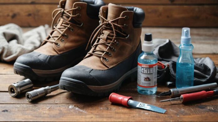 An Image Featuring A Pair Of Rugged Hiking Boots Surrounded By A Variety Of Waterproofing Tools, Such As A Brush, Waterproofing Spray, Wax, And A Heat Gun, All Laid Out Neatly On A Wooden Table