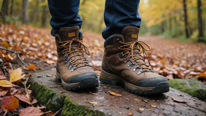 An Image Showcasing A Pair Of Well-Worn Hiking Boots Standing On A Rocky Trail, Surrounded By Vibrant Autumn Leaves. The Boots Are Laced Tightly, With Mud Splatters And Worn-Out Soles, Embodying The Spirit Of Adventure And Resilience