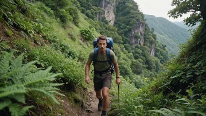 An Image Showcasing A Hiker Traversing A Steep Mountain Trail, Surrounded By Lush Greenery. The Hiker'S Flushed Face And Raised Heart Rate Visibly Demonstrate The Cardiovascular Benefits Of Hiking