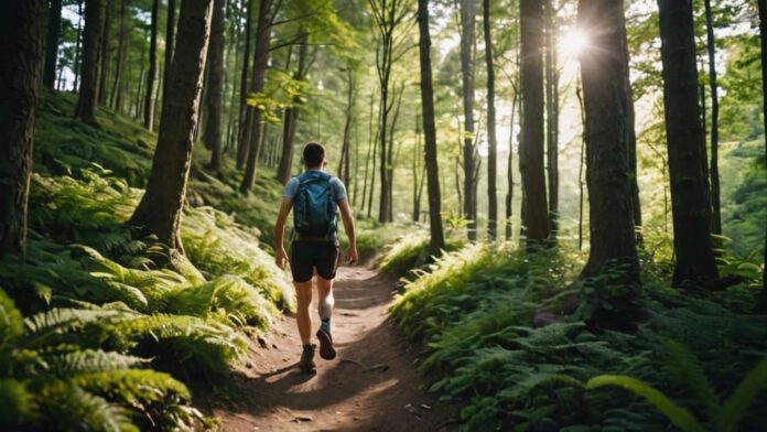 An Image Showcasing A Serene Forest Trail, With A Fit Hiker Joyfully Trekking Uphill, Surrounded By Lush Greenery. Sunlight Filters Through The Trees, Casting A Warm Glow On The Path Ahead