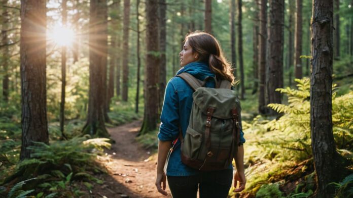 An Image That Portrays A Confident, Empowered Woman Hiking Alone In A Serene Forest, Equipped With A Backpack, Sturdy Hiking Boots, A Whistle, And A Compass, While The Sun Casts A Warm Glow Through The Trees