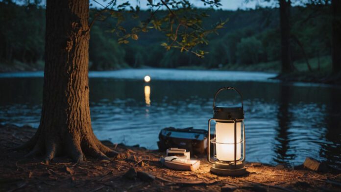 An Image Showcasing A Campsite At Dusk, With A Glowing Led Lantern Hung From A Tree, A Portable Solar Charger Connected To A Tablet, And A Compact Water Purifier Filtering Water From A River