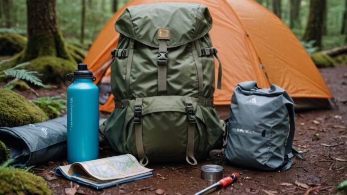 An Image Showcasing A Backpack Filled With A Sturdy Pair Of Hiking Boots, A Waterproof Rain Jacket, A Collapsible Hiking Pole, A Durable Tent, A Compact Sleeping Bag, A Stainless Steel Water Bottle, And A Trusty Map