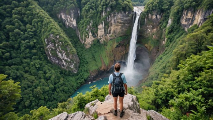 The Essence Of Hiking'S Benefits In One Image: A Breathtaking View From Atop A Mountain Peak, With Hikers Embracing The Serenity Of Nature, Surrounded By Lush Greenery, Towering Trees, And Cascading Waterfalls