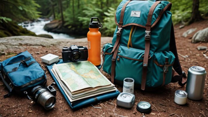 An Image Showcasing A Backpack Filled With A Sturdy Pair Of Hiking Boots, A Hydration Pack, A Compass, A First Aid Kit, A Waterproof Map, A Headlamp, And A Multi-Tool