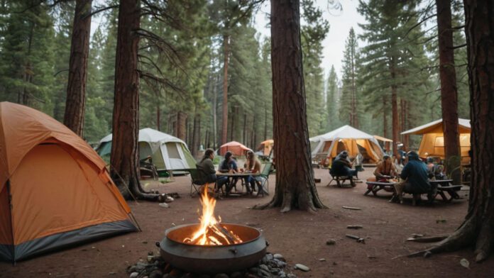 An Image Showcasing A Diverse Group Of Campers Peacefully Gathering In A Picturesque Blm Campsite. Tents Of Various Sizes Are Pitched Amidst Tall Trees, With Campfires, Outdoor Cooking Setups, And People Engaging In Recreational Activities, Fostering A Sense Of Community