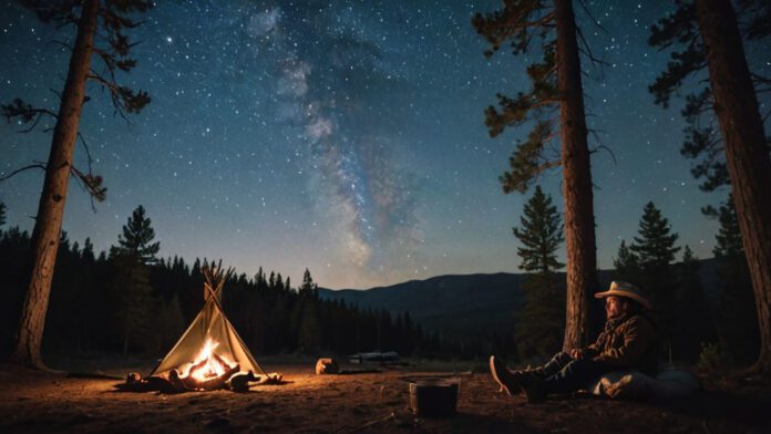 An Image Showcasing A Serene Starlit Sky, With A Cozy Campfire Nestled Among Towering Trees. A Lone Cowboy, Comfortably Laying In A Sleeping Bag Under The Stars, Captures The Essence Of Cowboy Camping