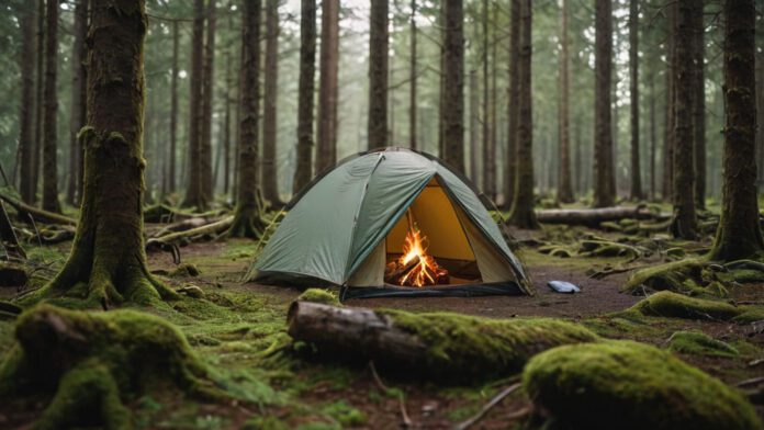 What Is Dispersed Camping An Image Showcasing A Serene And Scenic Campsite Nestled Amidst A Dense Forest. Show A Tent Pitched On A Soft Patch Of Moss, With A Gently Crackling Campfire Nearby
