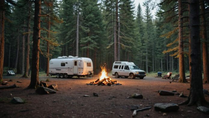 A Visually Captivating Image Showcasing A Serene, Remote Location Amidst Nature, With A Lone Camper Surrounded By Towering Trees, A Crackling Campfire, And A Solar Panel Setup, Illustrating The Essence Of Dry Camping