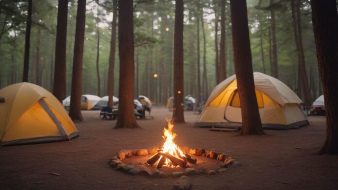 An Image Featuring A Serene Campsite Nestled Amidst Towering Koa Trees, With Flickering Campfire, Cozy Tents, And Happy Campers Roasting Marshmallows, Capturing The Essence Of Koa Camping'S Peaceful And Adventurous Spirit