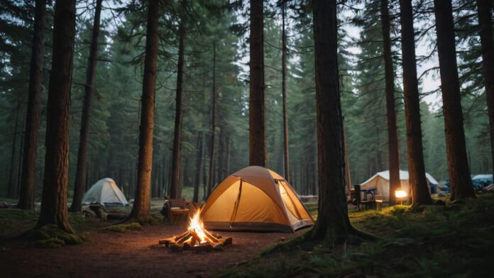 An Image Showcasing A Serene Forest Setting With A Tent Nestled Among Tall Trees. Illustrate A Campfire Crackling Nearby, Casting A Warm Glow On Camping Gear. Portray Tranquility And Simplicity, Emphasizing The Essence Of Primitive Camping