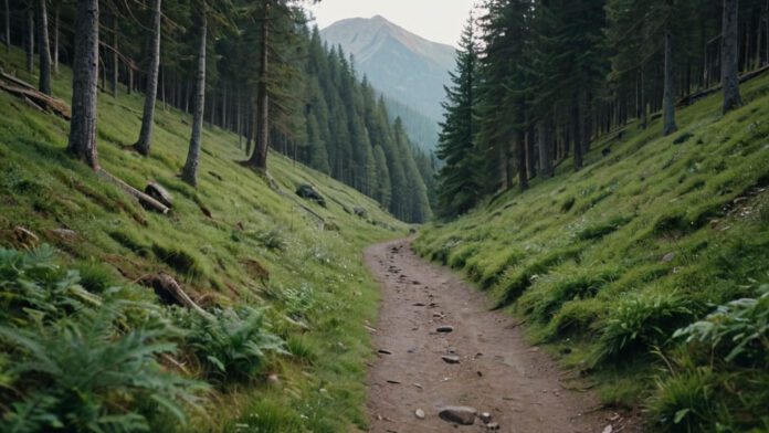 An Image Showcasing Two Contrasting Landscapes: A Serene Forest Trail With Gently Rolling Hills For Walking, And A Rugged Mountainous Terrain With Steep Inclines For Hiking