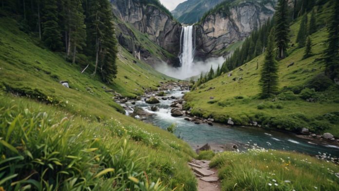 An Image Showcasing A Breathtaking Panoramic View Of A Winding Hiking Trail, Stretching Across Diverse Landscapes Such As Towering Mountains, Lush Forests, Serene Lakes, And Cascading Waterfalls