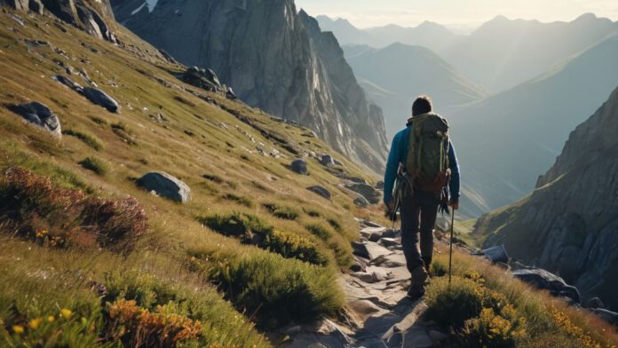 An Image Capturing A Hiker Ascending A Rugged Mountain Trail, Surrounded By Breathtaking Panoramic Views Of Vast Wilderness, Showcasing The Physical And Mental Challenges, As Well As The Awe-Inspiring Beauty, Of Through Hiking
