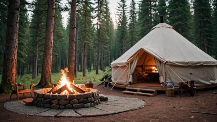 An Image Showcasing A Cozy Yurt Nestled Amidst A Picturesque Forest, With A Crackling Campfire Outside. Include Camping Essentials Like Hiking Boots, A Lantern, And A Map, Conveying The Allure And Adventure Of Yurt Camping