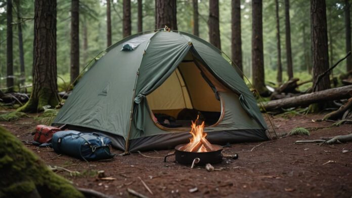 An Image Showcasing A Compact Tent Nestled Amidst Towering Trees, With A Roaring Campfire Nearby. Next To It, Display A Backpack Filled With A Sleeping Bag, Camping Stove, Water Bottle, Flashlight, Hiking Boots, And A Compass