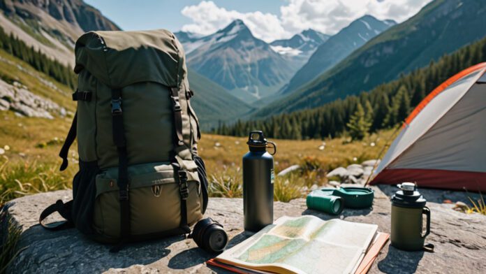 An Image Showcasing A Backpack Filled With A Sturdy Pair Of Hiking Boots, A Lightweight Tent, A Stainless Steel Water Bottle, A Compass, A Map, And A First Aid Kit, Ready For An Epic Hiking Adventure