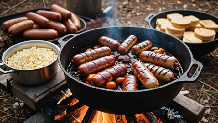 What To Cook Camping An Image That Showcases A Cozy Campfire Surrounded By Cast-Iron Skillets Filled With Mouthwatering Dishes Like Sizzling Bacon-Wrapped Hot Dogs, Golden Cornbread, Bubbling Dutch Oven Chili, And Perfectly Toasted S'Mores, Enticing Readers To Explore 7 Scrumptious Camping Recipes