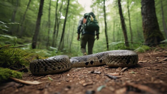 An Image Depicting A Hiker Surrounded By A Serene Forest, Urgently Grasping Their Leg As A Rattlesnake Slithers Away. Show A First Aid Kit Nearby, Emphasizing The Need For Swift Action And The Importance Of The 8 Crucial Steps
