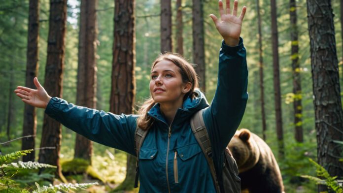 An Image Capturing A Hiker Standing Tall With Arms Raised, Making Themselves Appear Larger, While Maintaining Eye Contact With A Curious Bear. Show Dense Forest Backdrop, Emphasizing The Importance Of Calmly Deterring The Bear