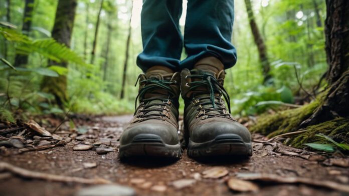 An Image Depicting A Hiker Frozen In Place, Eyes Wide With Fear, As A Coiled Rattlesnake Slithers Just Inches Away From Their Hiking Boots. The Lush Green Trail And Towering Trees Add To The Tension