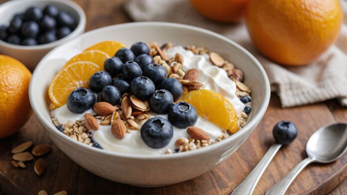 An Image Featuring A Vibrant, Colorful Bowl Filled With Nutrient-Rich Foods - Ripe Bananas, Juicy Oranges, Crunchy Almonds, Hearty Oats, Succulent Blueberries, Creamy Greek Yogurt, And Energizing Honey