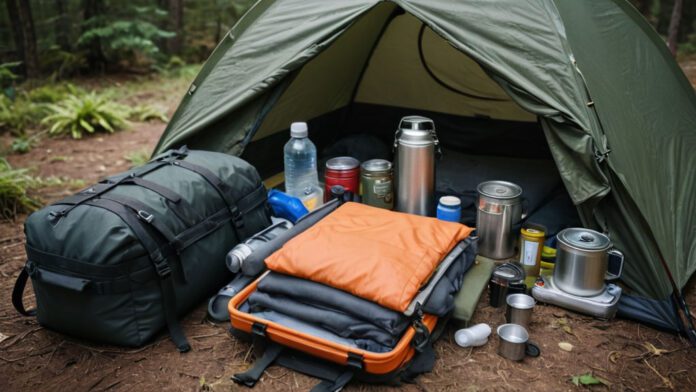 An Image Showcasing A Neatly Packed Backpack With A Sturdy Tent Strapped To Its Side. Inside, Include A Compact Sleeping Bag, Collapsible Cooking Utensils, A Portable Stove, A Water Bottle, A Headlamp, A Map, And A First Aid Kit