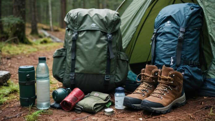 An Image Capturing A Backpack Filled With Hiking Essentials: Sturdy Hiking Boots, A Compact Tent, A Water Bottle, A Compass, A First Aid Kit, A Map, A Warm Jacket, And A Portable Stove