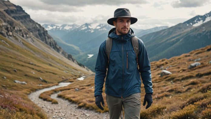 An Image Showcasing A Hiker Dressed In Layered Clothing, Wearing A Moisture-Wicking Base Layer, Insulated Jacket, Hiking Pants, Wool Socks, Waterproof Boots, And A Wide-Brimmed Hat, Surrounded By A Scenic 50-Degree Mountain Landscape